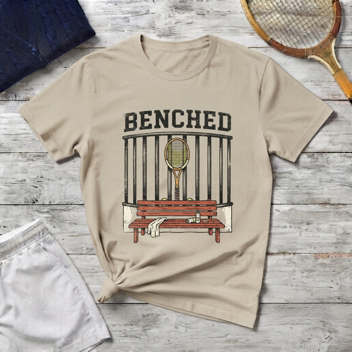 Benched Tennis T-Shirt — 'Benched' Graphic Tennis Racket & Bench Tee