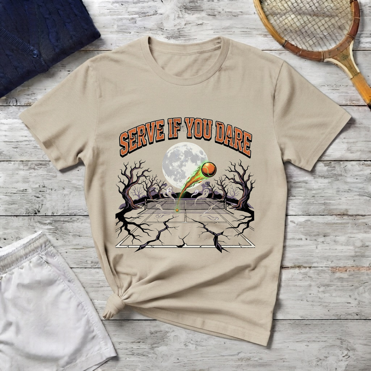 Tennis Tee — "Serve If You Dare" Retro Moon Graphic