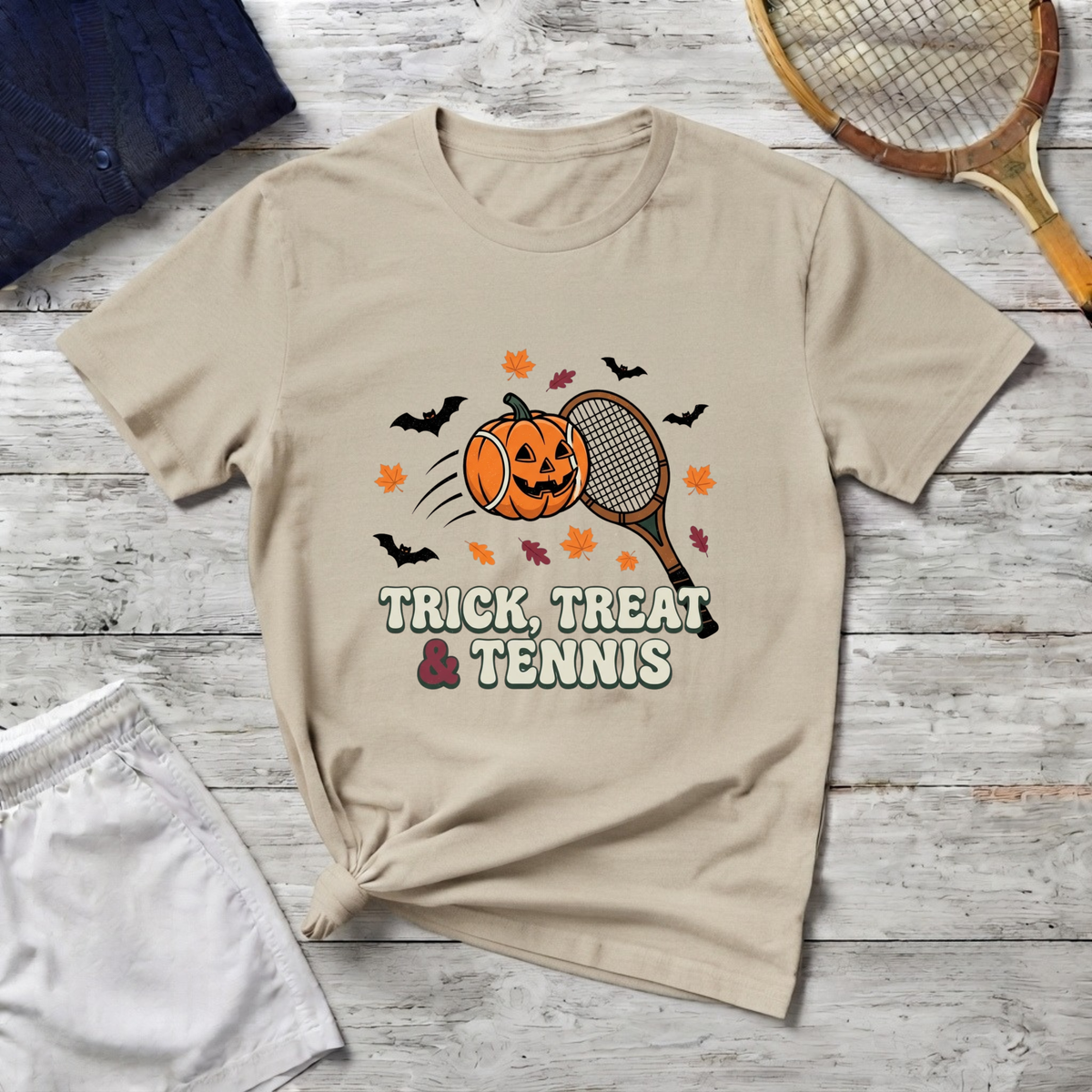 Trick Treat Tennis T-Shirt — Halloween Pumpkin Tennis Racquet Tee