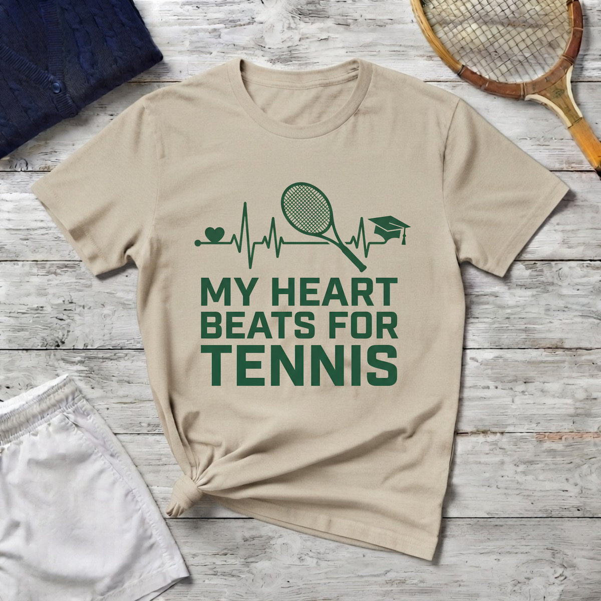 My Heart Beats for Tennis T-Shirt — Heartbeat Racket Design with Graduation Cap