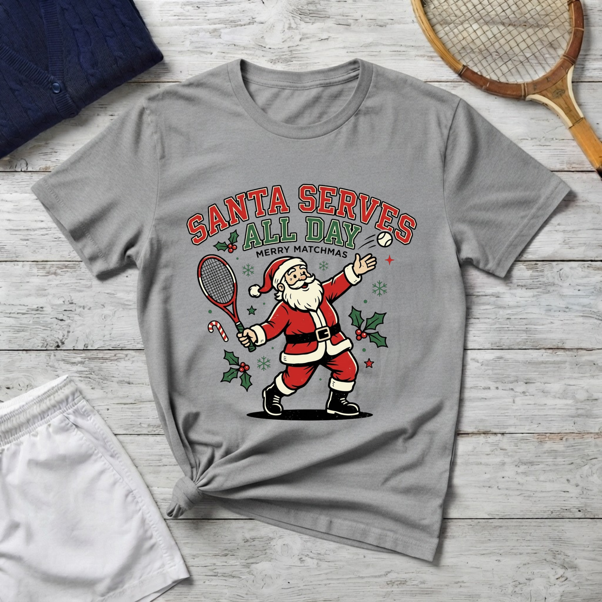 Santa Serves All Day Tennis Christmas T-Shirt
