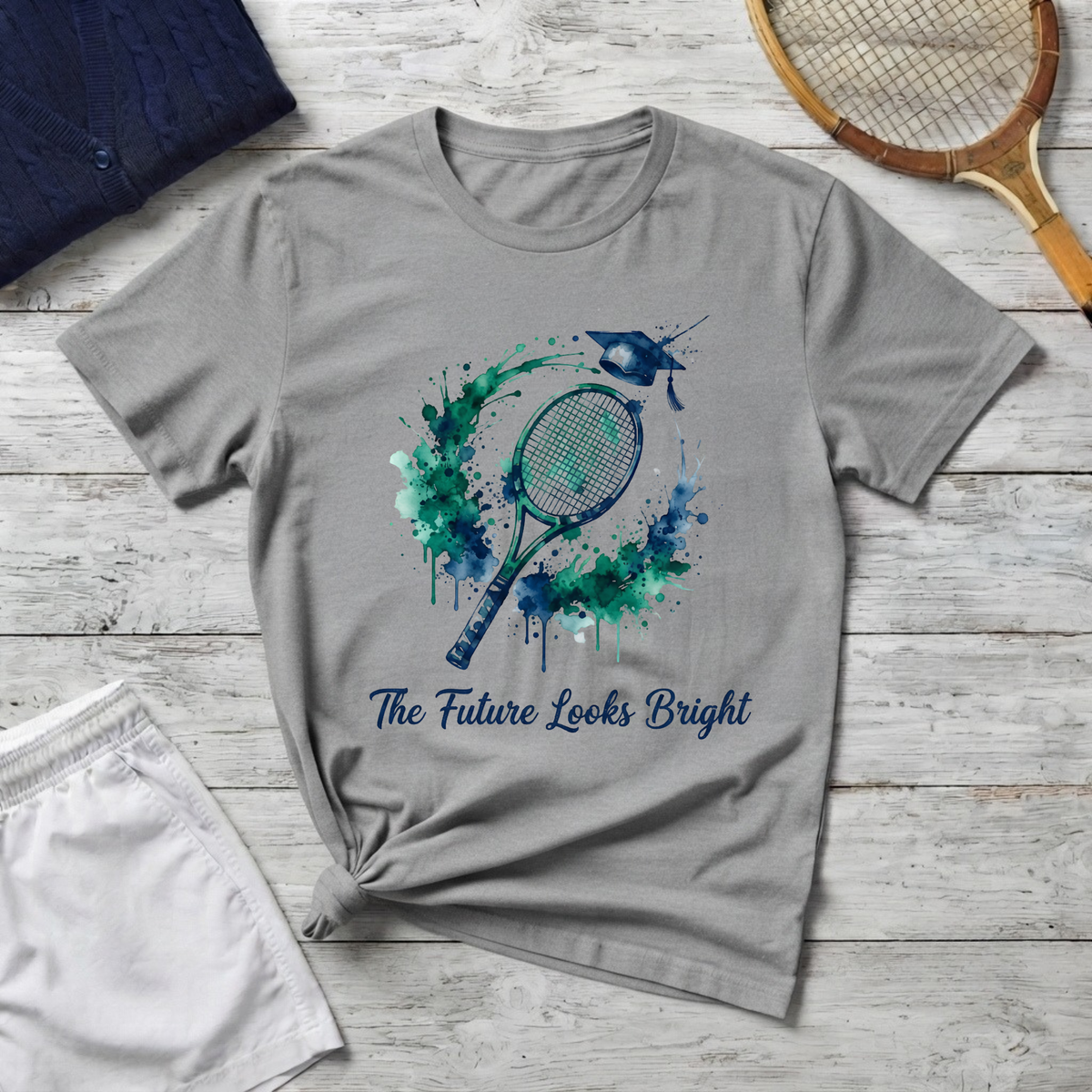 Tennis Watercolor Tee — “The Future Looks Bright” Graduation & Athlete Shirt
