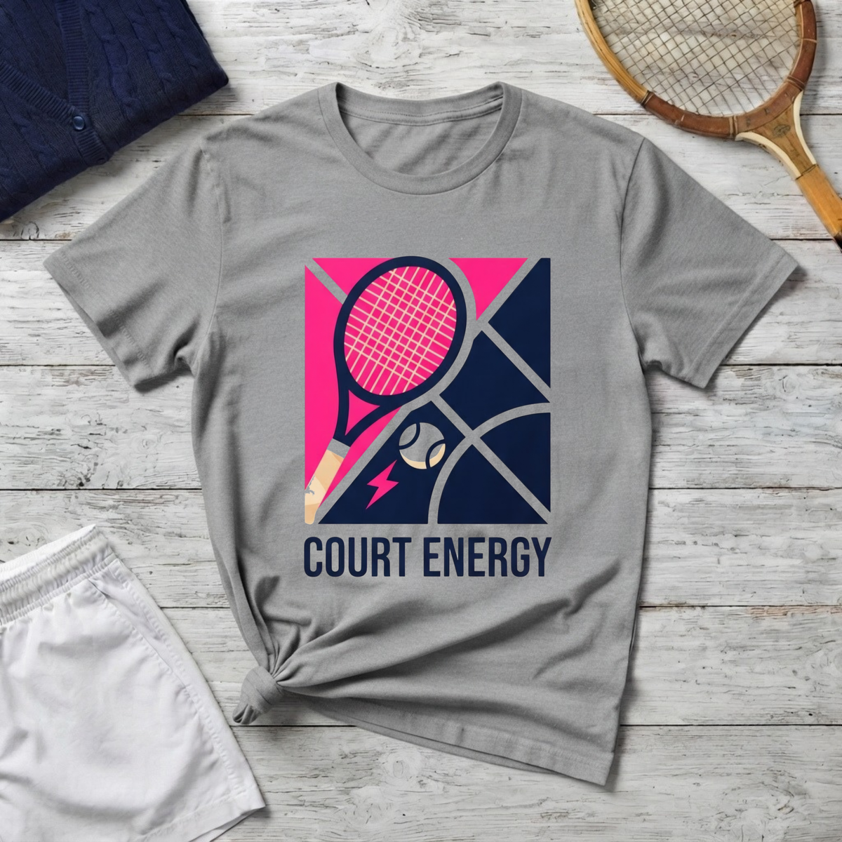 Court Energy Tennis T‑Shirt — Retro Racket & Ball Graphic