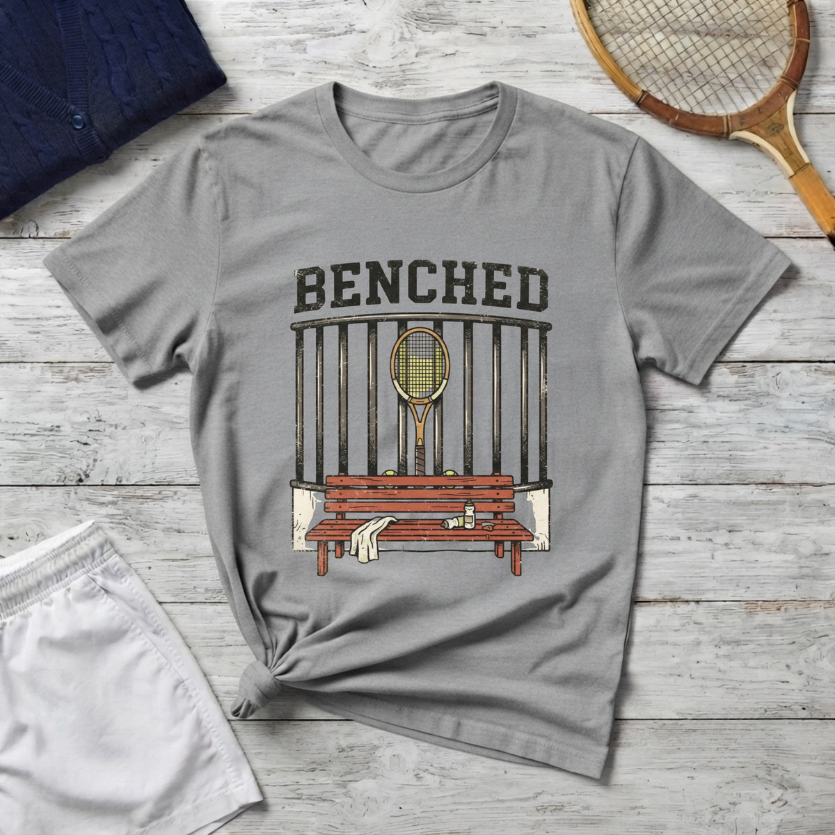 Benched Tennis T-Shirt — 'Benched' Graphic Tennis Racket & Bench Tee