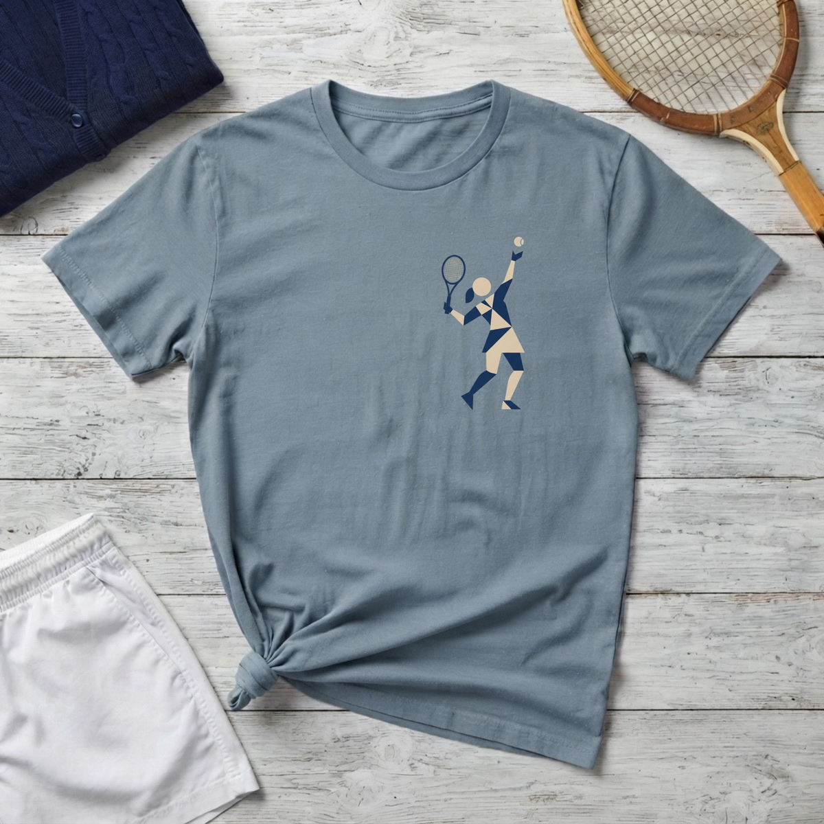 Geometric Tennis Player T-Shirt — Retro Athletic Graphic Tee