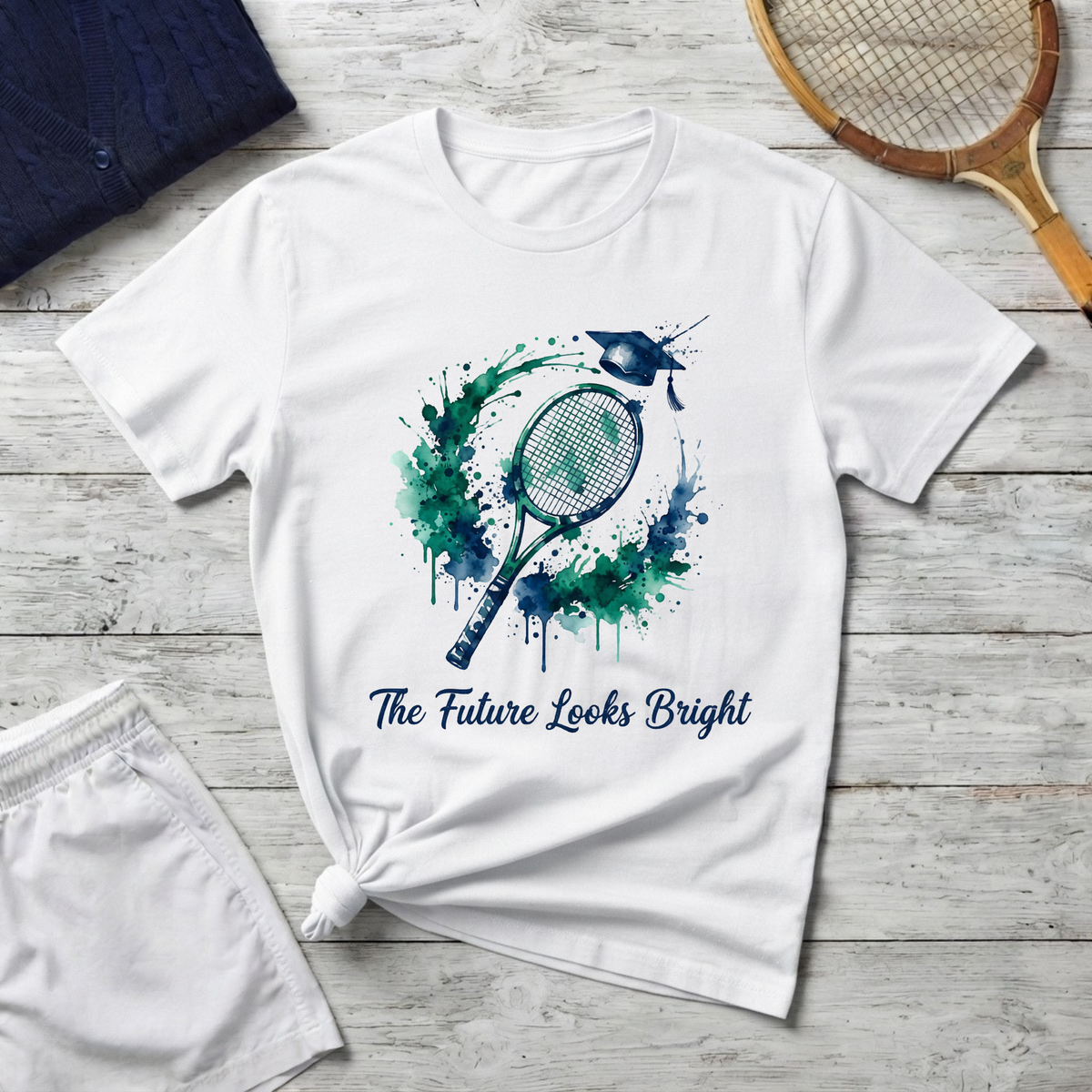 Tennis Watercolor Tee — “The Future Looks Bright” Graduation & Athlete Shirt