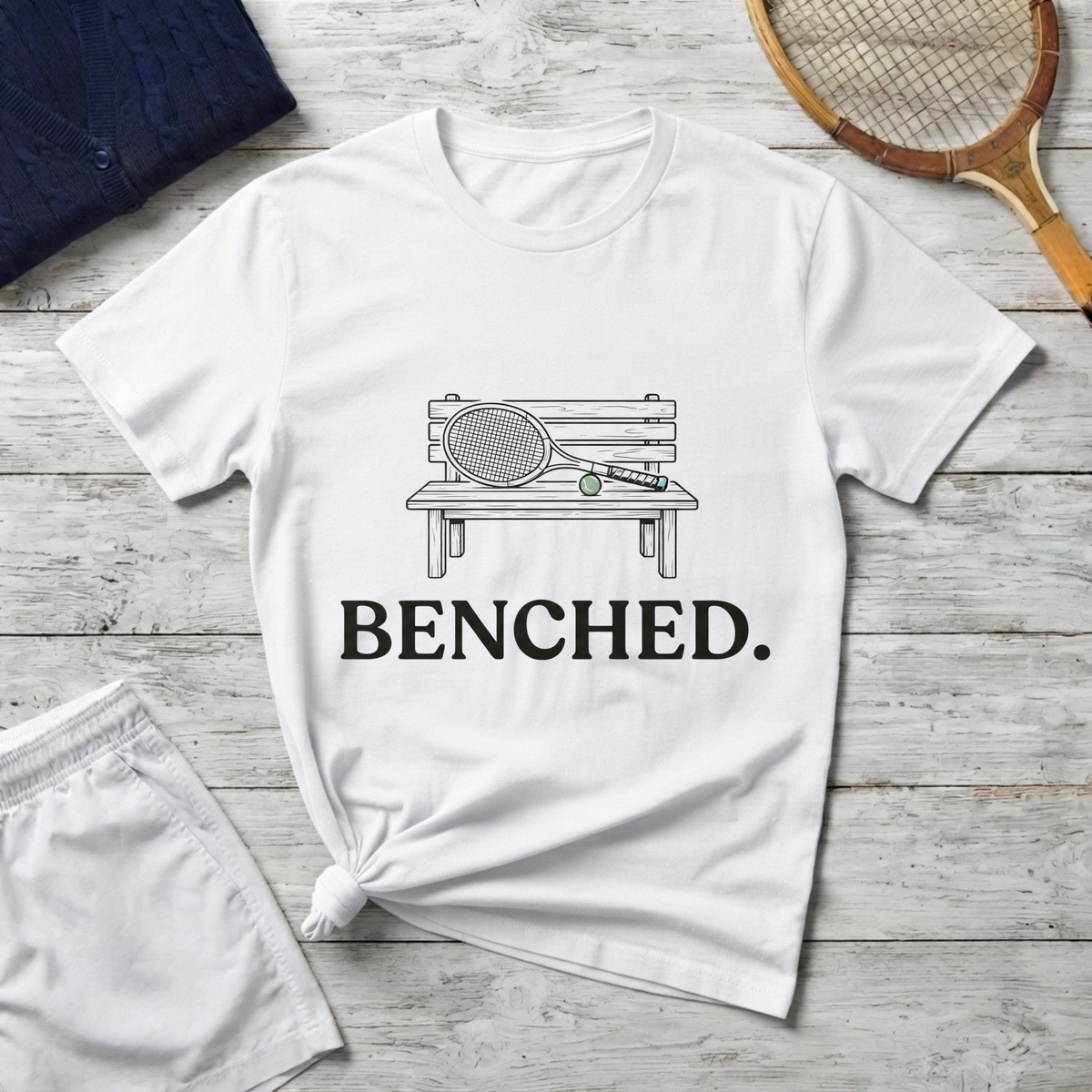 Benched Tennis T-Shirt — Funny Tennis Player Shirt with Bench Illustration