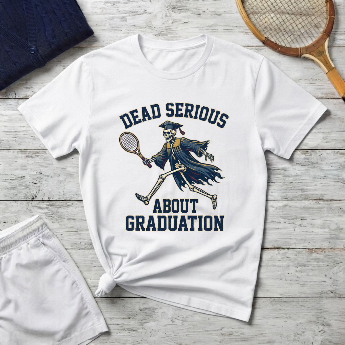 Graduation T-Shirt — "Dead Serious" Funny Skeleton Grad Tee