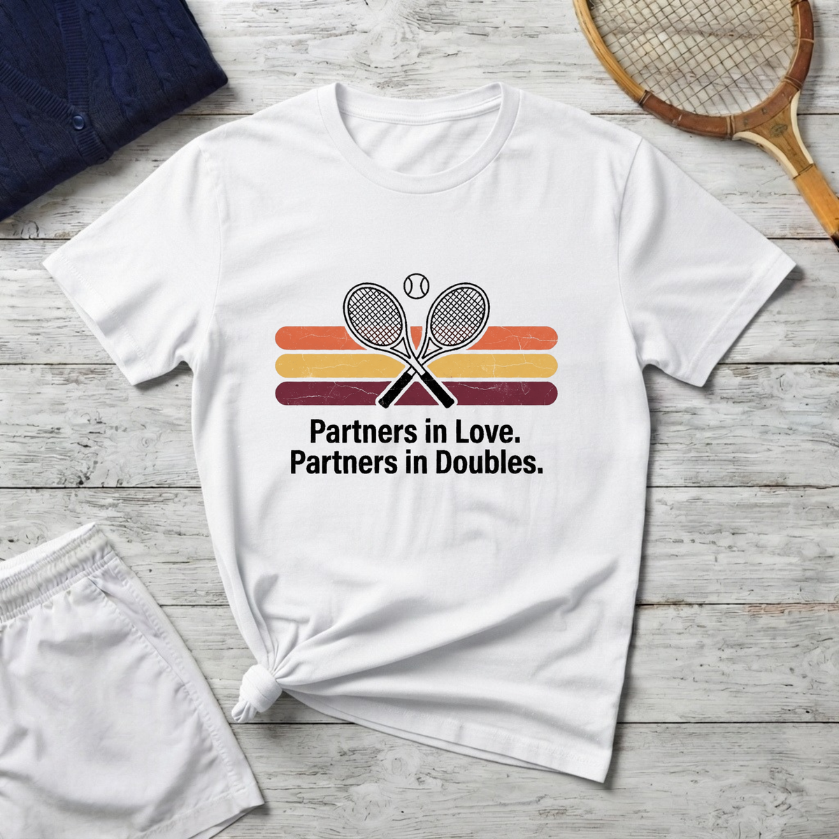 Partners in Love Tennis T-shirt — Retro Crossed Rackets Graphic