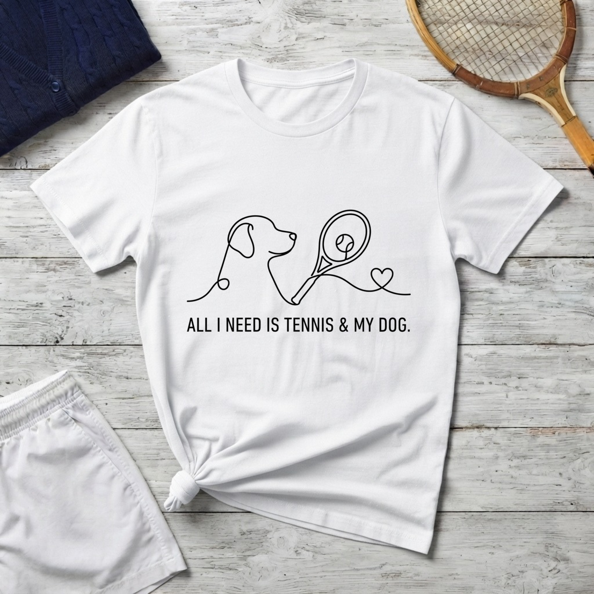 T-Shirt — "All I Need Is Tennis & My Dog" Minimal Line Art Tee