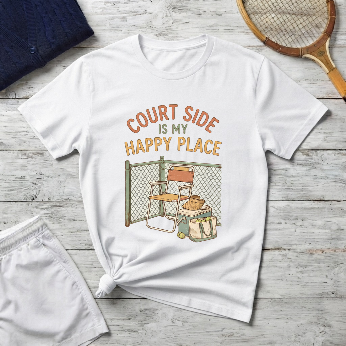 T-Shirt — "Court Side Is My Happy Place" Tennis Crew Tee