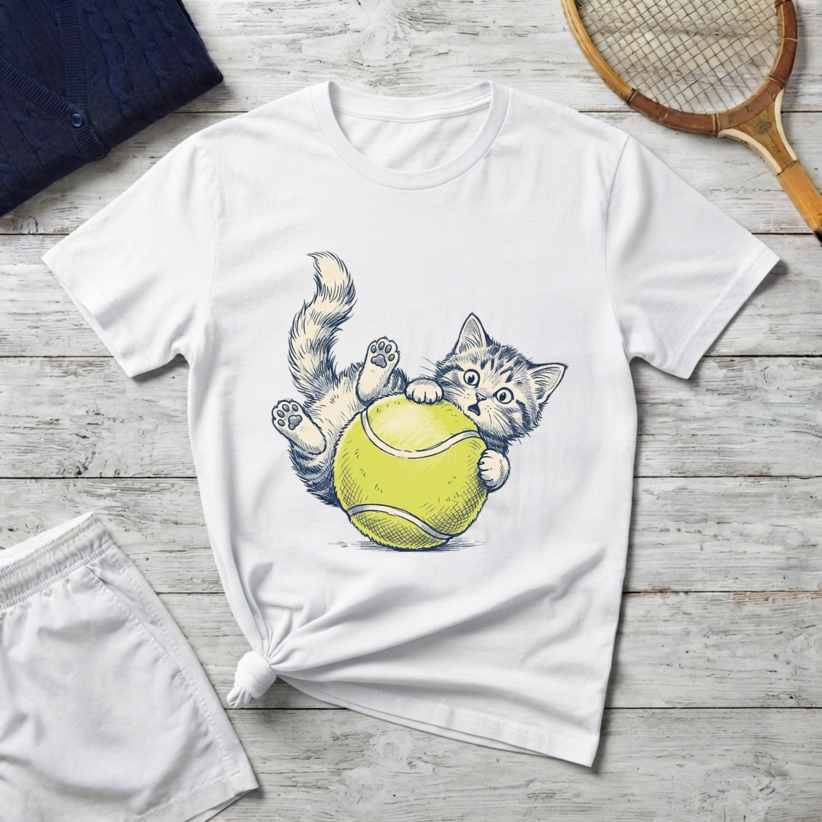 Playful Cat on Tennis Ball T-Shirt