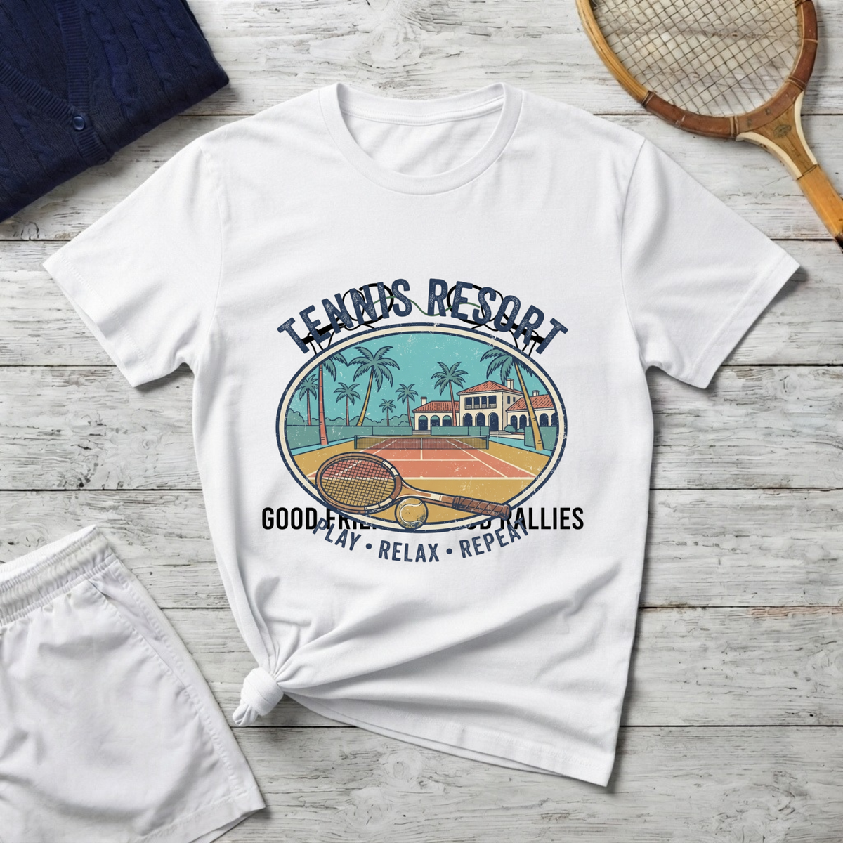 Tennis Resort T-Shirt — 'Play • Relax • Repeat' Vintage Court Tee