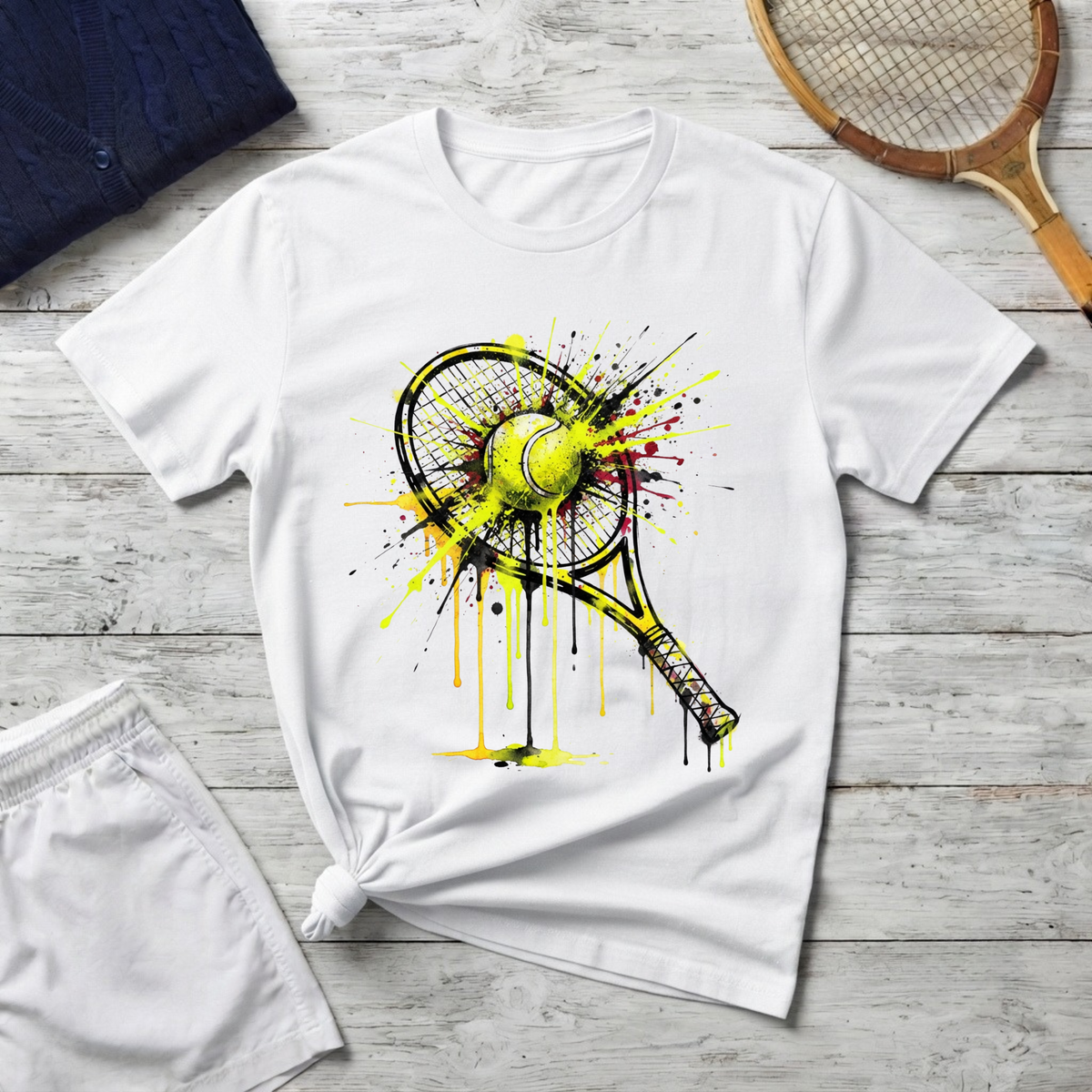 Tennis Racket & Ball Splash T‑Shirt — Watercolor Sports Graphic Tee