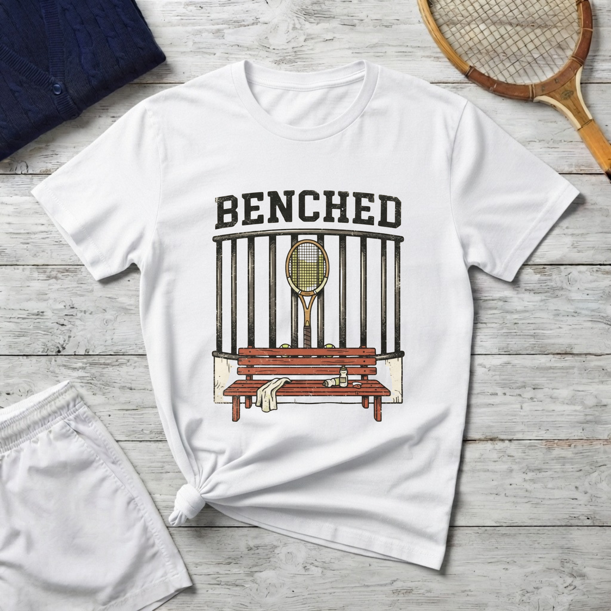 Benched Tennis T-Shirt — 'Benched' Graphic Tennis Racket & Bench Tee
