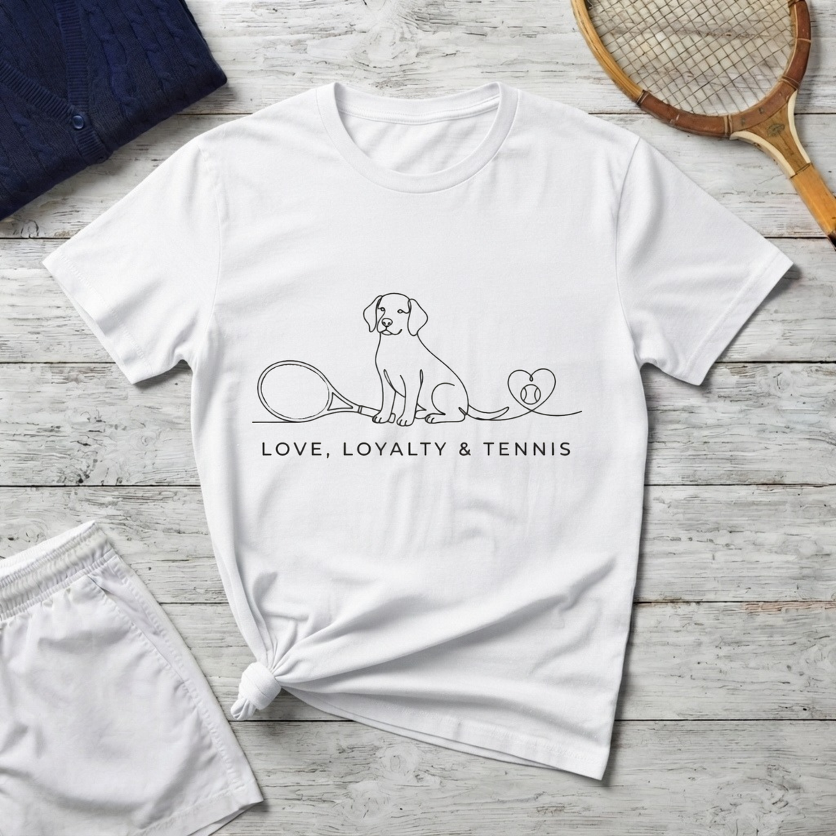 Love, Loyalty & Tennis T-Shirt — Minimal Dog & Tennis Line Art Tee