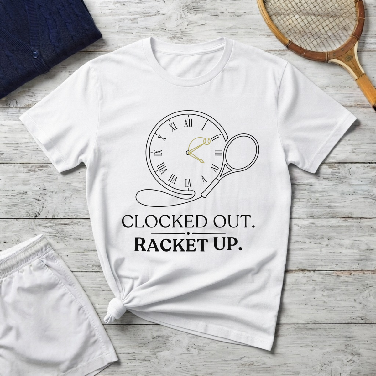 T-Shirt "Clocked Out. Racket Up." Tennis Clock Graphic
