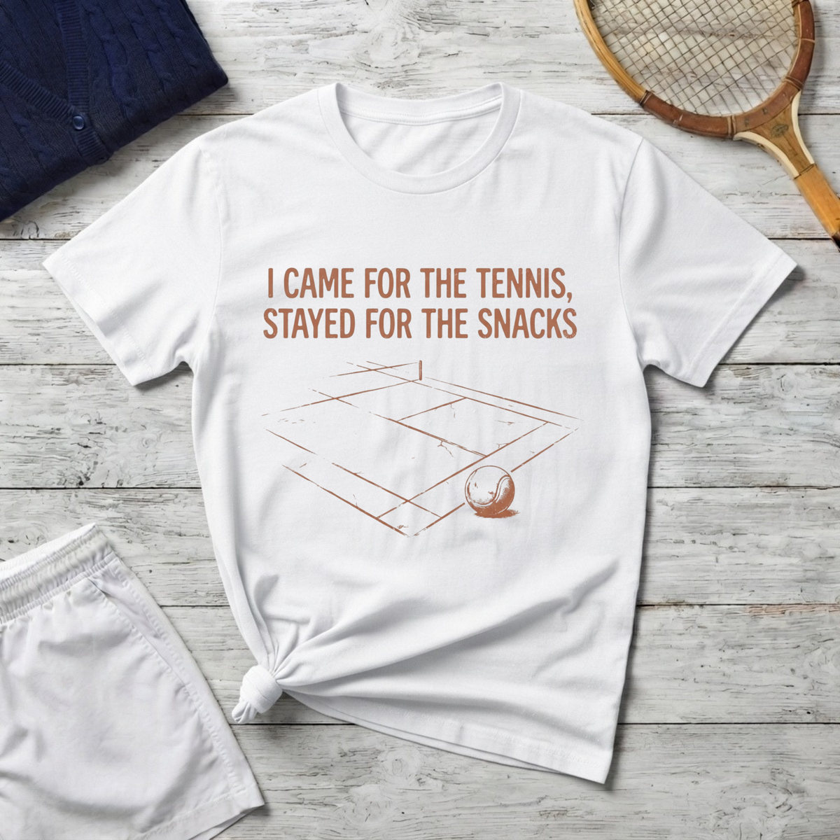 T-Shirt – "I Came for the Tennis, Stayed for the Snacks" Tennis Court Graphic