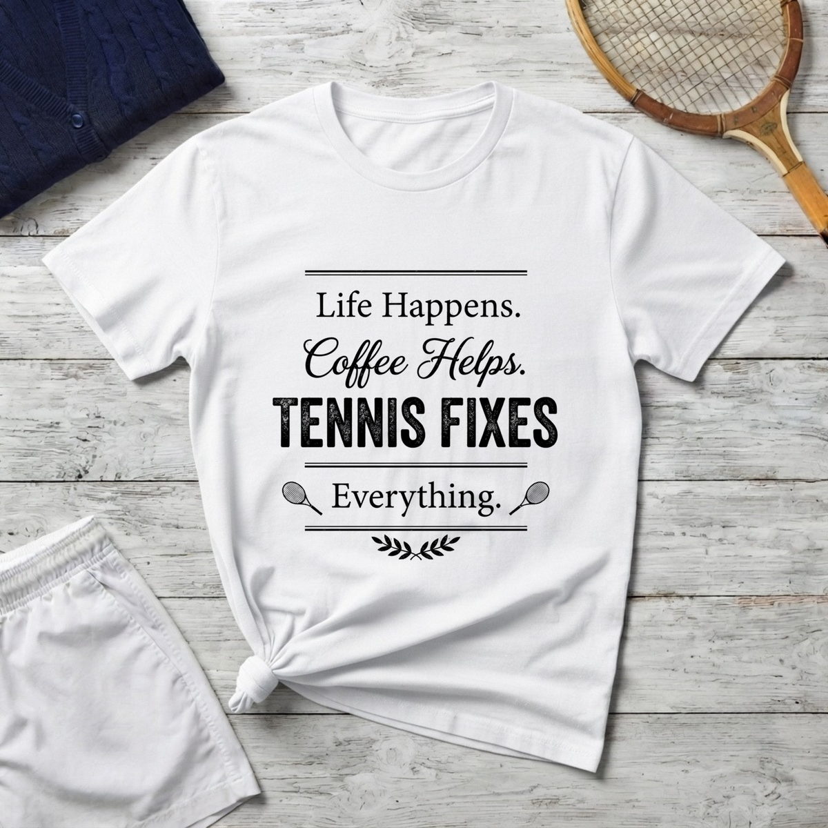T-Shirt — "Life Happens. Coffee Helps. Tennis Fixes Everything."