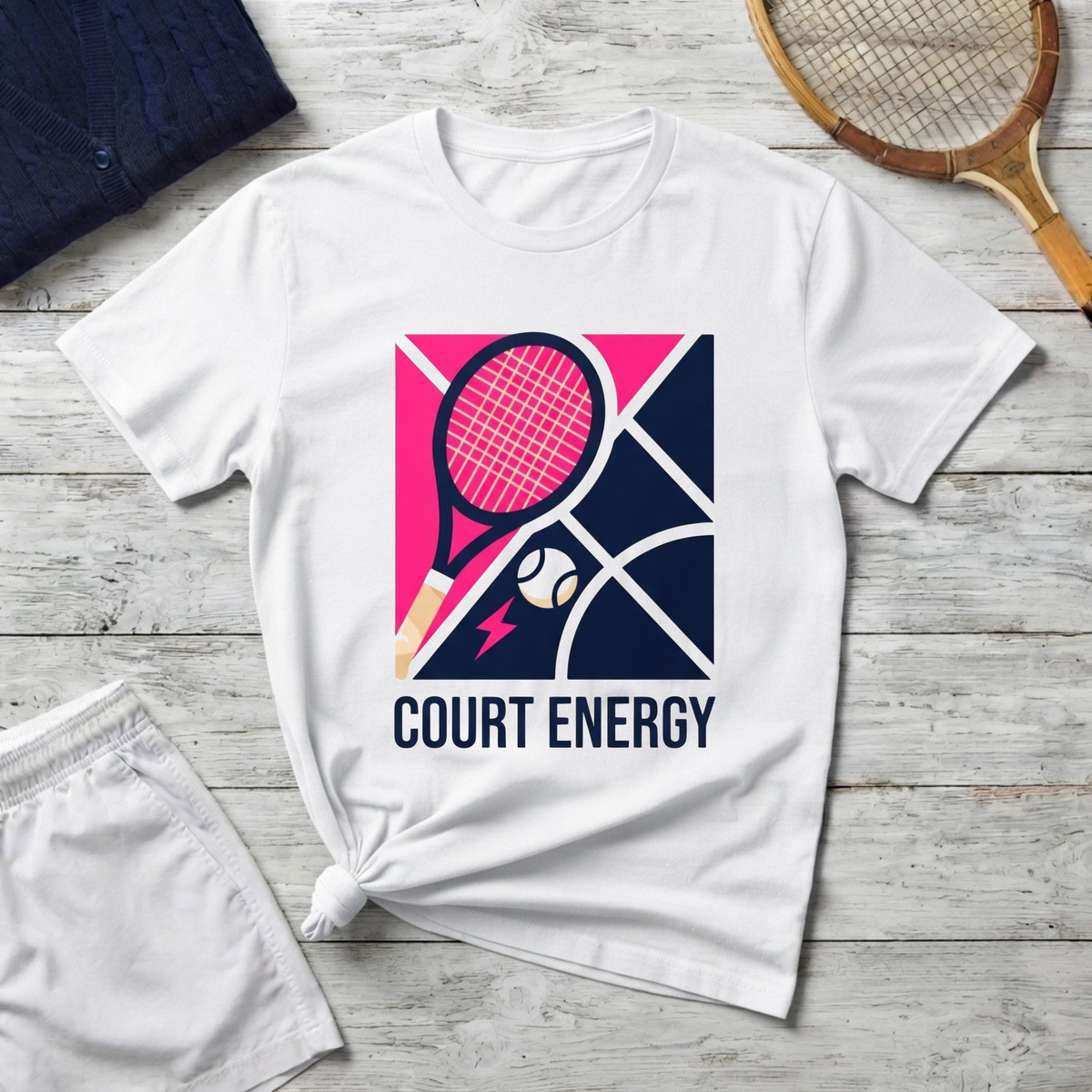 Court Energy Tennis T‑Shirt — Retro Racket & Ball Graphic