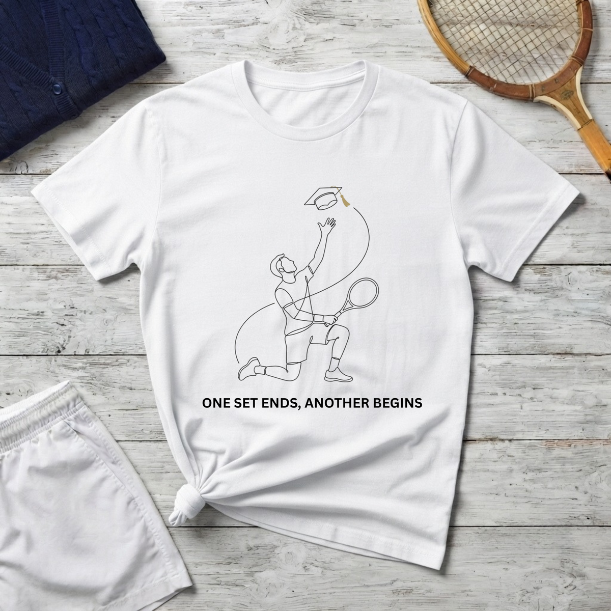 T-Shirt — Minimal Tennis Line Art Tee "One Set Ends, Another Begins"